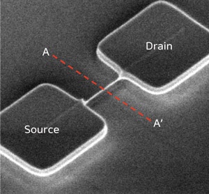 Fig. 1: Scanning electron microscopy image of a wire-based TAHOS memory device connected to source and drain pads.