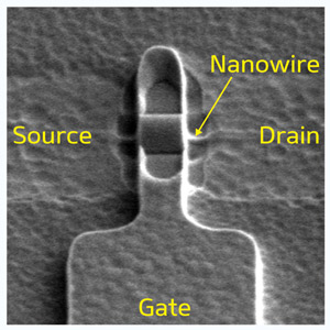 Fig. 1: A single nanowire connecting source and drain contacts is wrapped by a cylindrical gate, which controls its current.