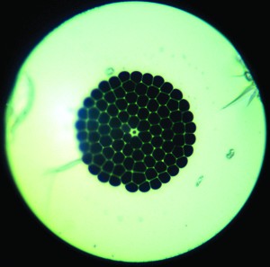 Fig. 1: Optical microscopy image of a new photonic crystal fiber featuring hexagonal internal microstructures.