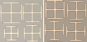 Two examples of hybrid metamaterials consisting of a planar array of split ring resonators of various sizes.
