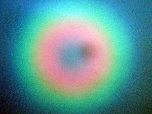 Light from a nonlinear crystal is emitted over a range of emission angles (as indicated by the concentric circles) and energies (as indicated by the different colors) with various levels of quantum entanglement.