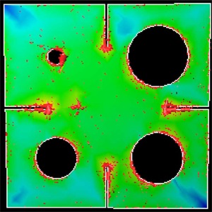 A color map showing the current distribution around an asymmetrically holed and symmetrically slotted antenna for UHF applications.