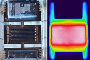 Photograph of the PCR microfluidic chip mounted on a sample delivery and electronic measurement system (left), and an infrared image showing the uniform thermal distribution across the PCR chamber during thermal cycling (right).
