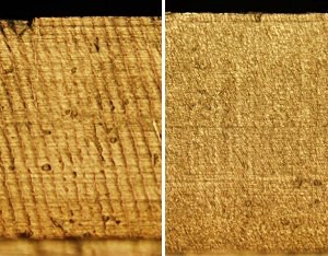 Photographs of surfaces machined without (left) and with (right) vibration assistance