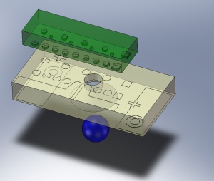 Schematic of the circuits. Spherical microlenses (blue) self-assemble in optical through-holes (white). Electronic circuits (green) can easily be bonded and aligned on top of the lenses.