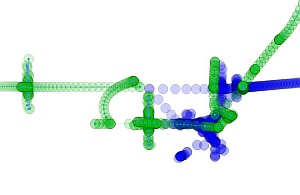 Time-lapse view of a video intended to show a fight between a blue and a green object