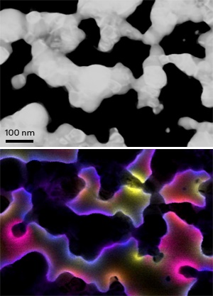 A close-up look at nanoporous silver reveals irregular surface features (top). A*STAR researchers have generated a ‘map’ of the various colors absorbed locally by the nanoporous structures (bottom).