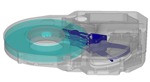 In a hard disk drive, the read/write head at the tip of the actuator assembly (dark blue) is suspended only a few nanometers over the magnetic disk (light green)