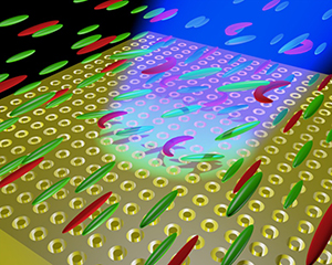 Schematic of the tunable color filter. The combination of a gold film with ring-shaped holes and the use of liquid crystals (red and green) enables pixels of a defined color that can be turned on and off.