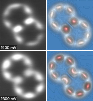 High-resolution microscopy reveals that a benzene-like molecule known as HBC has a quantized electron density around its ring framework (left). Theoretical calculations show that the observed quantum states change with different tip positions (right, upper/lower images, respectively).