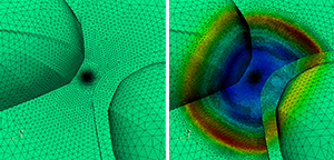 Simulations of shockwaves in fluids as they initiate (left) and propagate (right), using a specially tuned computational mesh.