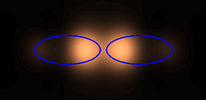 An optical antenna made of silver, represented by the two blue ellipses, can concentrate red light at a subwavelength scale.