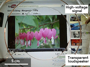 A transparent ionic gel, pictured here in front of a laptop computer, can transform electric signals into sound across the entire audible range.