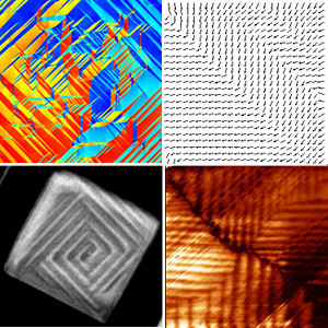 A simulated polarization pattern (top left), polarization vectors within the simulation (top right), and polarization patterns visualized using transmission electron microscopy (bottom left) and piezoresponse force microscopy (bottom right) in the ferroelectric material barium titanate.