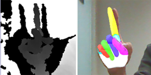 Using raw data from single depth-images (left), a three-step modeling process provides quick, accurate estimations of hand poses (right) for use in numerous applications such as robotics and ergonomics.