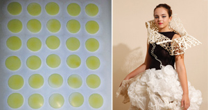 Ultraviolet sensor beads (left) produced by Santiranjan Shannigrahi at the IMRE were glued onto a dress (right) designed by visiting assistant professor at NTU, Galina Mihaleva, and showcased at the Next-to-the-Skin event. The naturally yellow beads turn black under ultraviolet light, indicating prolonged and potentially harmful exposure levels.