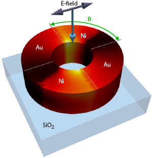 When a light pulse (black arrow indicates its electric field and blue arrow shows propagation direction) is irradiated on a nanoring made of nickel and gold on silica substrate (blue), the nanoring generates a magnetic pulse via the thermoelectric effect.