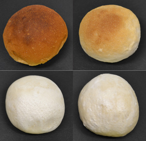 The four types of bread made and tested by the A*STAR team. Top left, western baked bread; top right, modified baked bread (made with steamed bread ingredients); bottom left, oriental steamed bread; bottom right, modified steamed bread (made with baked bread ingredients).