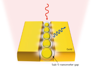 Tiny gaps between gold nanoparticles in a trench and the gold substrate greatly enhance frequency doubling of incident light.