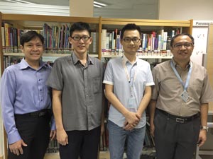 The I2R team who worked on the autonomous shelf scanning robot: (left to right) Ernest Kurniawan, Chin Keong Ho, Renjun Li, and Zhiyong Huang.