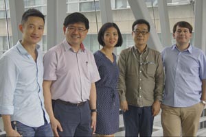 Researchers from multiple institutes at A*STAR are collaborating to develop diagnostic and therapeutic tools to fight the Zika virus. From left: Tan Heng Liang, Andre Choo, Lisa Ng, Masafumi Inoue and Sebastian Maurer-Stroh.