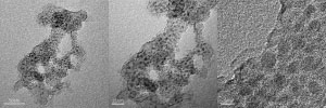 Transmission electron microscopy images of (left, center) nickel-silica catalyst and (right) a commercial catalyst.